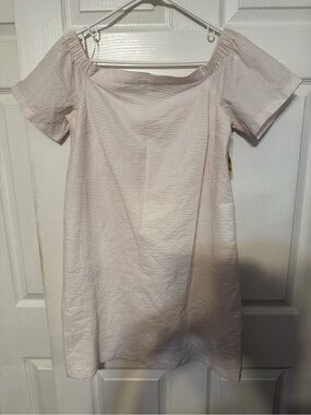 Maison Jules Cream Off-Shoulder Textured Shift Dress